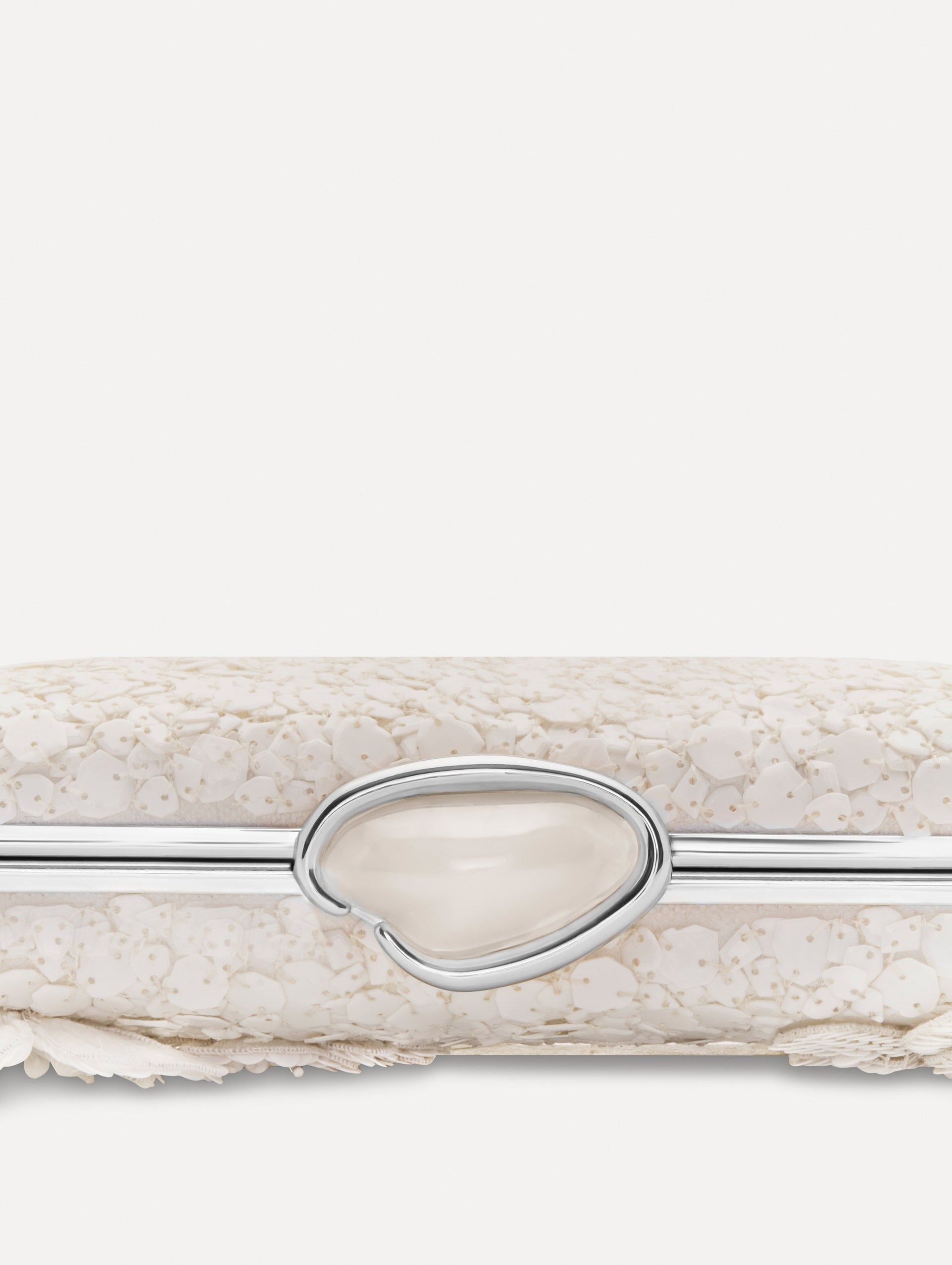 White Cherry Blossom Embroidered O Minaudière featuring a rectangular silhouette, beaded surface, and oversized three-dimensional flower embellishments.