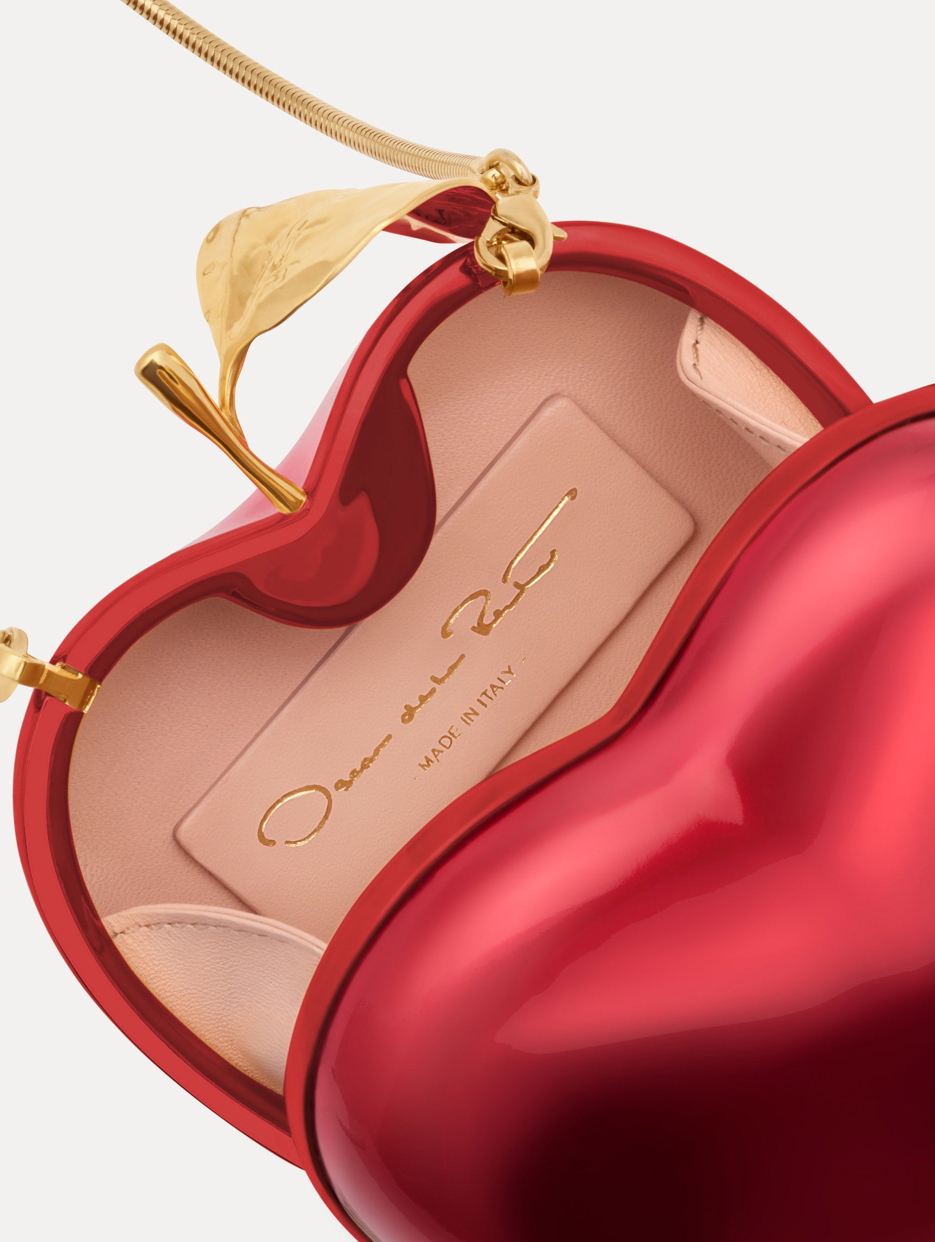 The Apple Minaudière in the color red. Zoom view.