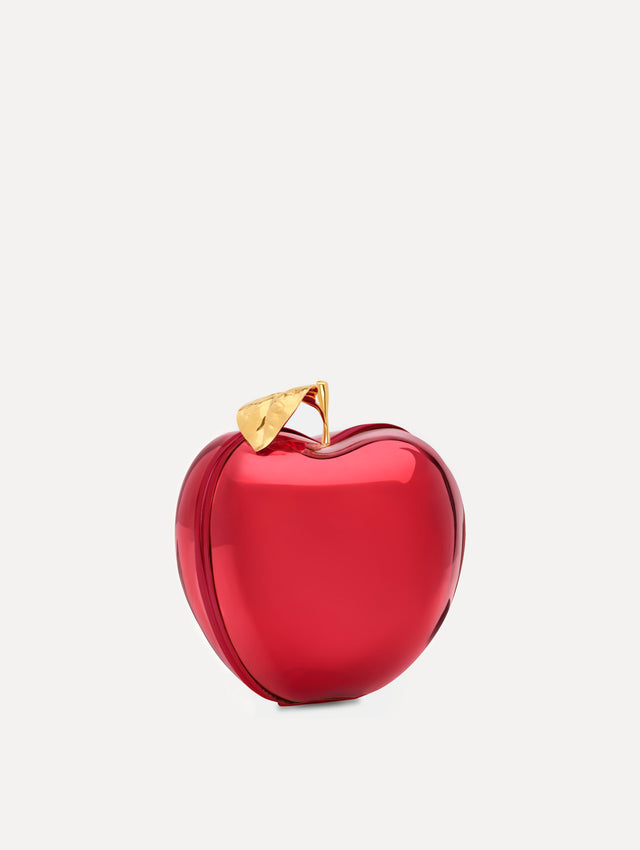 The Apple Minaudière in the color red. Side view.
