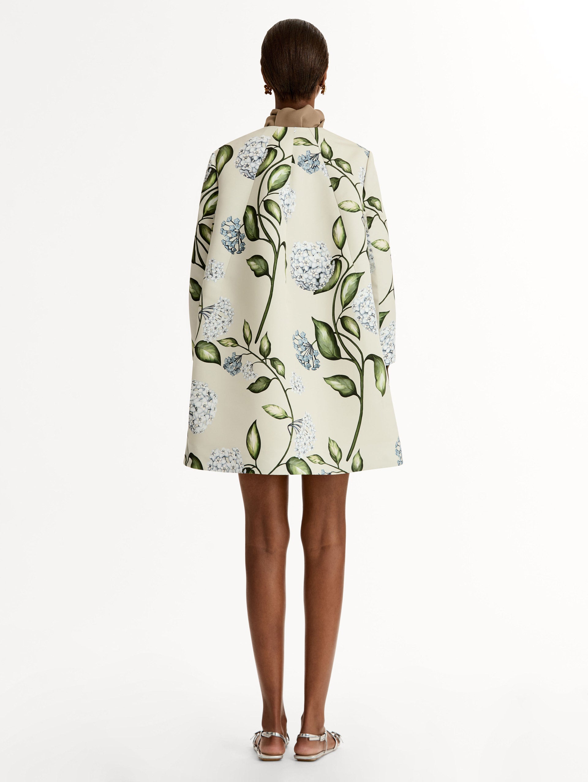 Floral Porcelain Flower Faille Coat in ivory, blue and green. Button closure with long sleeves. Back View. 
