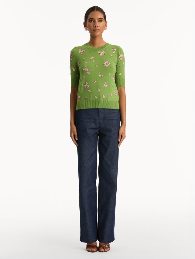 Green Crystal Cluster Embroidered Pullover with elbow length sleeves and pink crystal applique. Front View.