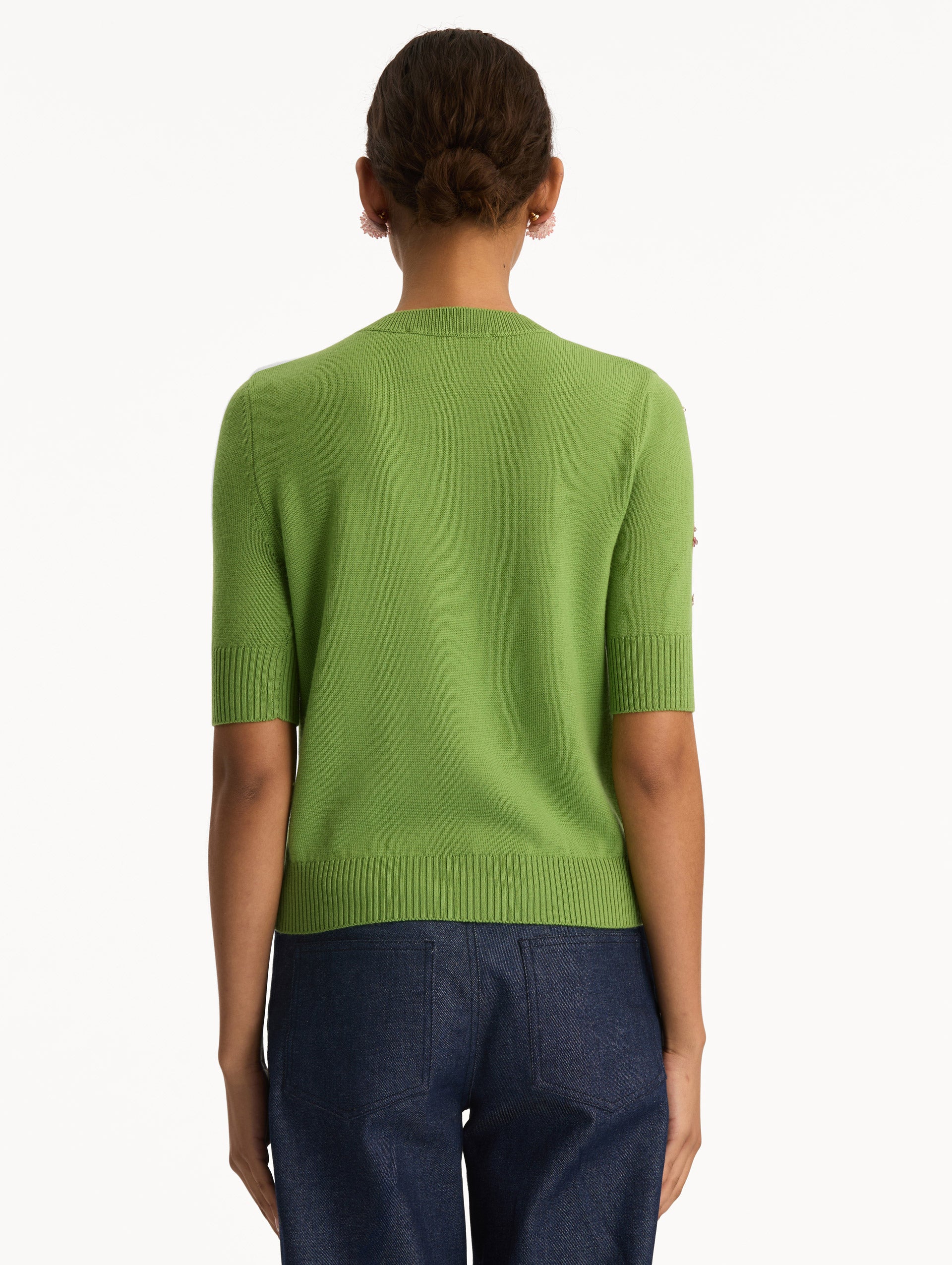 Green Crystal Cluster Embroidered Pullover with elbow length sleeves and pink crystal applique. Back View.