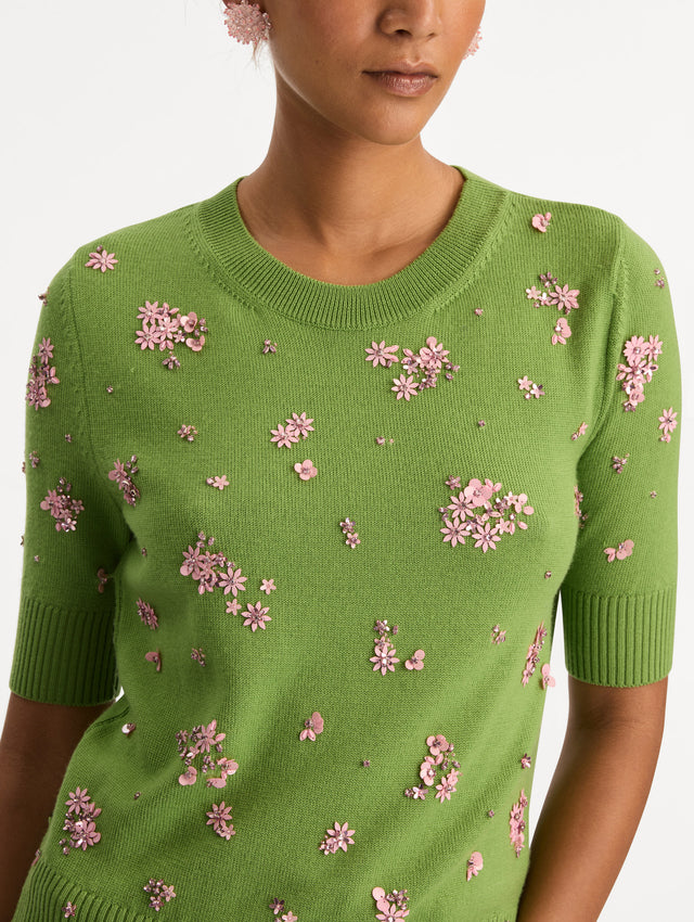 Green Crystal Cluster Embroidered Pullover with elbow length sleeves and pink crystal applique. Zoom View.