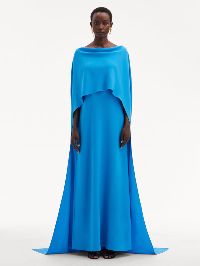 Blue Cowl Back Silk Georgette Caftan with Draping in the Top Front View