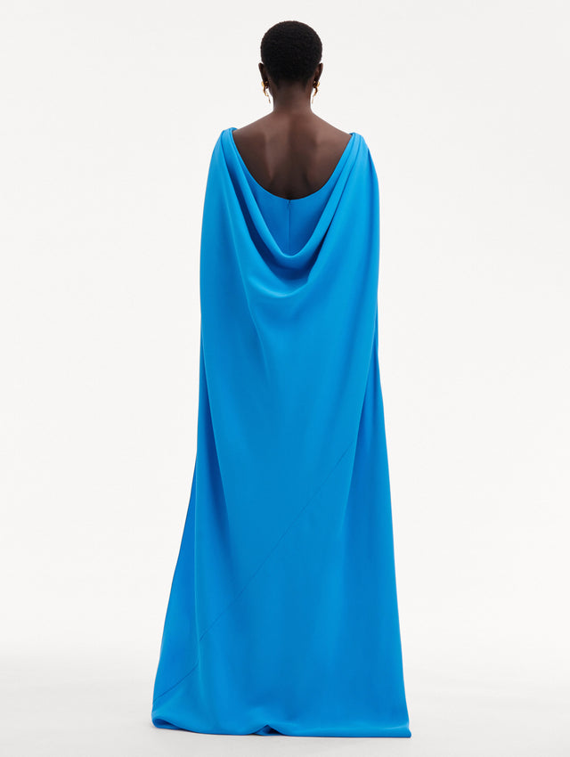 Blue Cowl Back Silk Georgette Caftan with Draping in the Top Back View