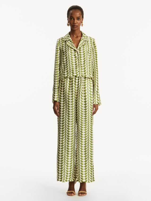 Green and white geometric print silk blouse. Front View.