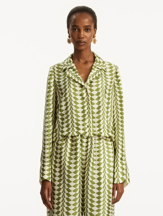 Green and white geometric print silk blouse. Front View.