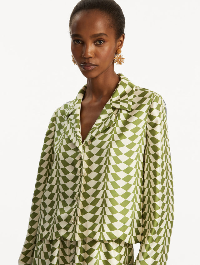 Green and white geometric print silk blouse. Zoom View.