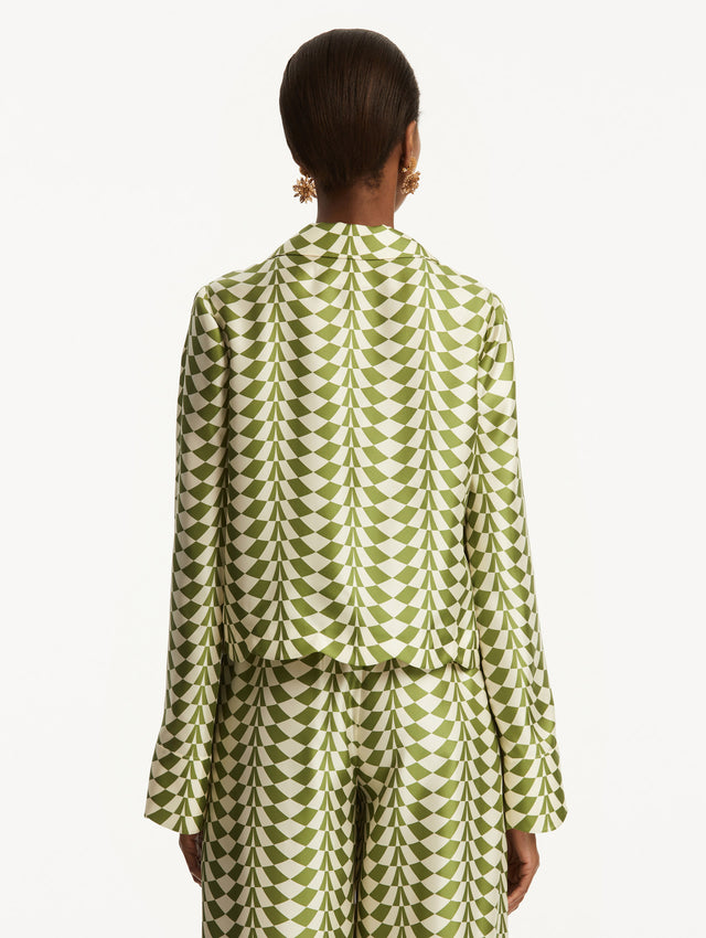 Green and white geometric print silk blouse. Back View.