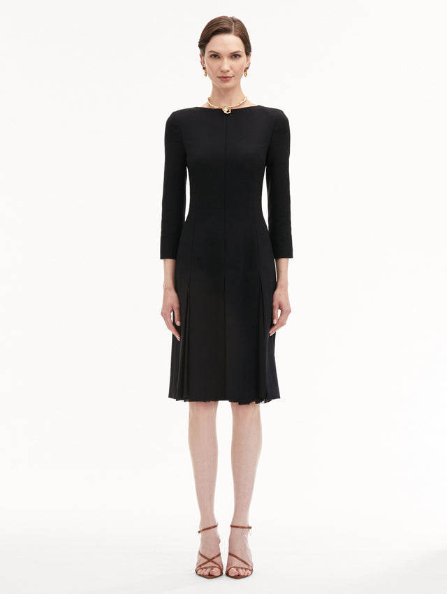 Black Long Sleeve Wool & Chiffon Inset Midi Dress Front View