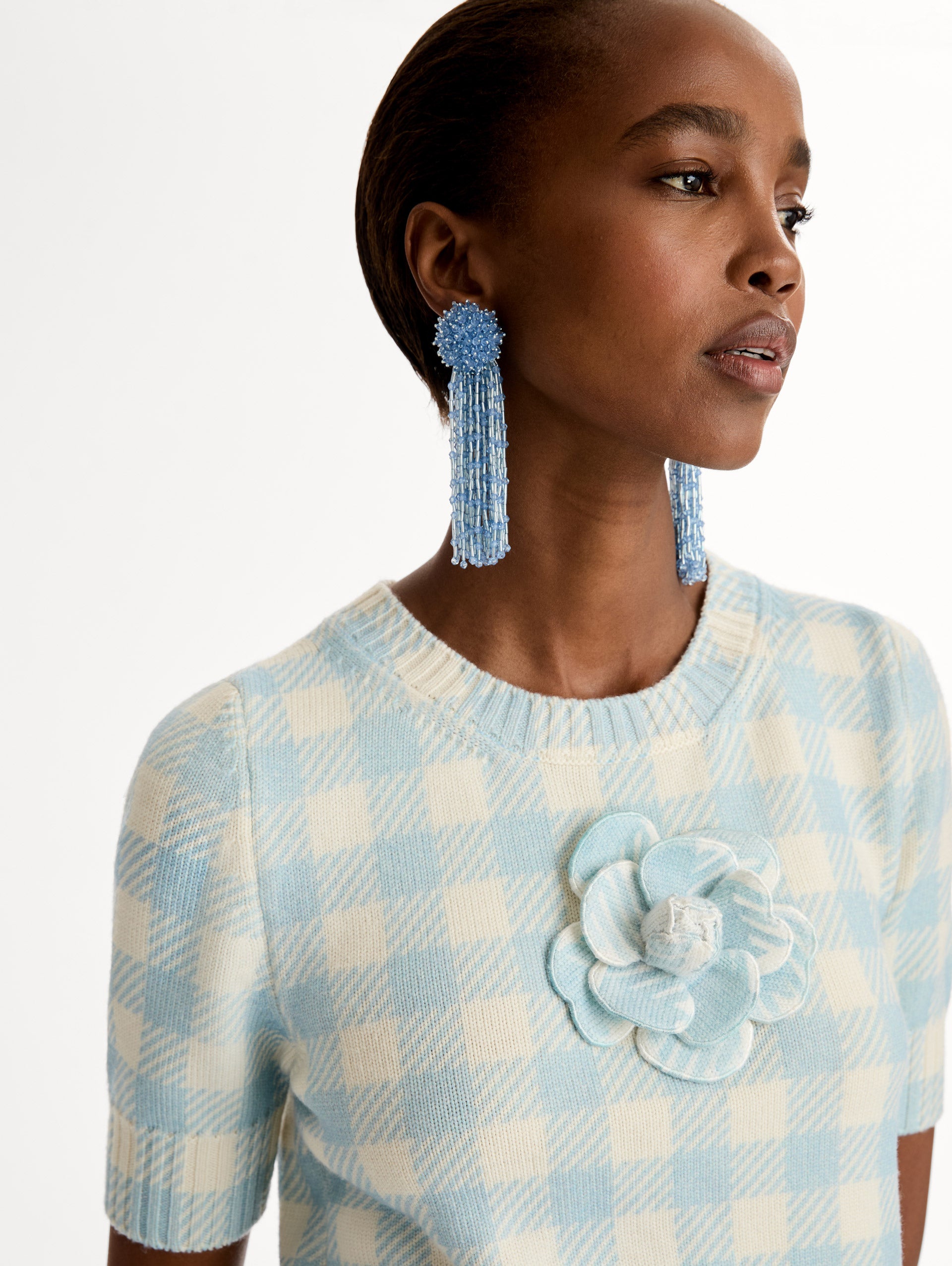 Short sleeve Knit pullover in classic pale blue and white gingham wool. Dimensional floral appliqué at the neckline. Front View. 