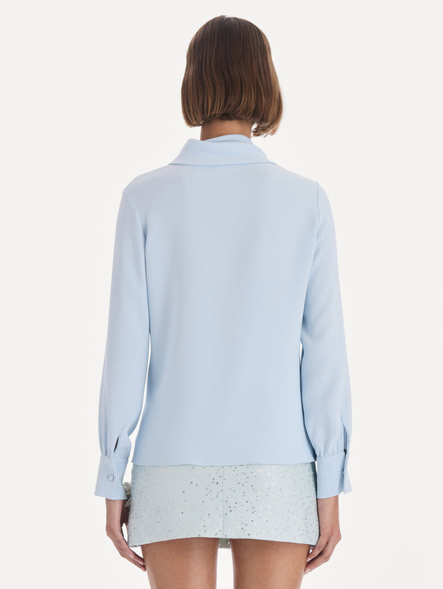 The model is wearing a long sleeve neck tie detail georgette blouse. Back view.