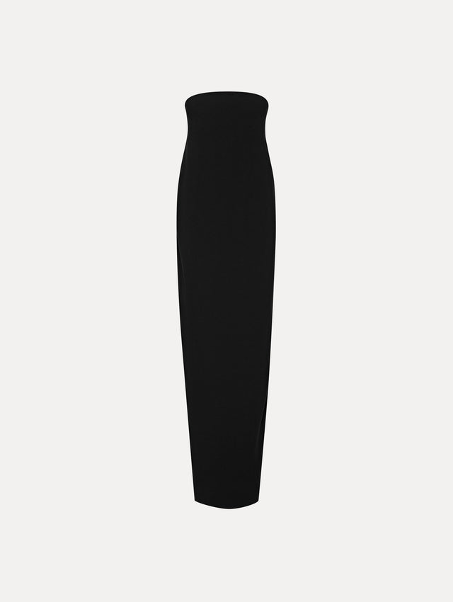 Black Strapless Draped Column Gown Front View