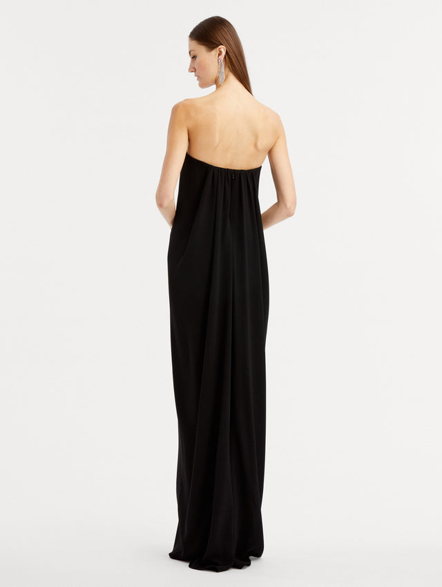 Black Strapless Draped Column Gown Back View