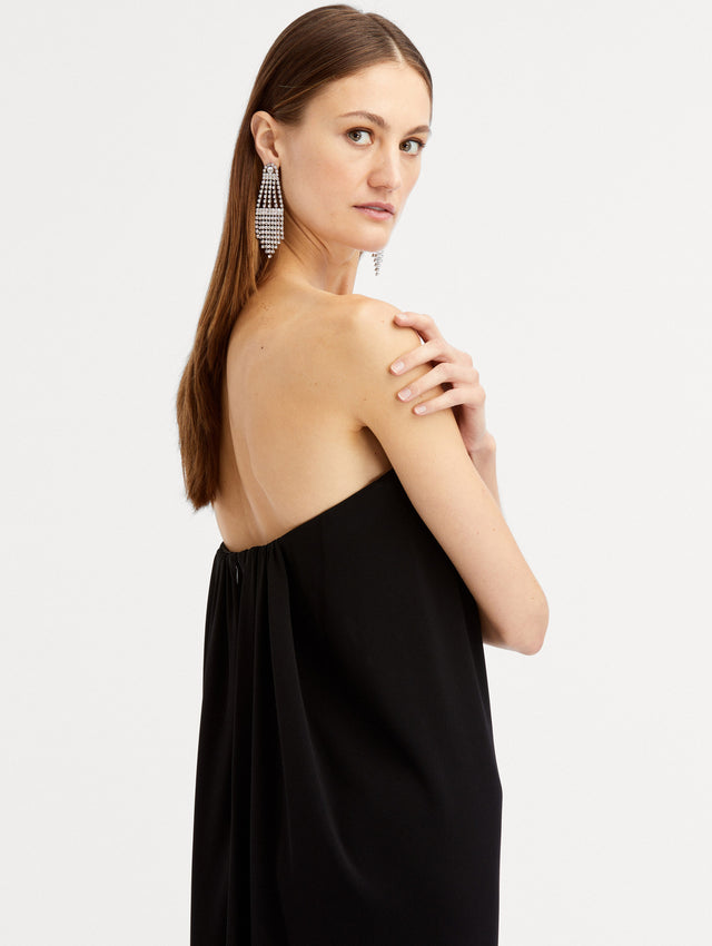 Black Strapless Draped Column Gown Side View