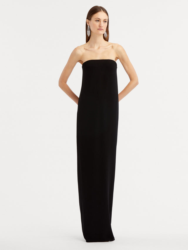 Black Strapless Draped Column Gown Front View