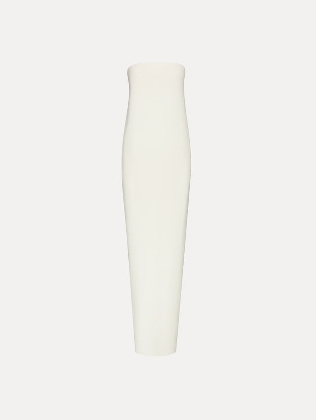 White Strapless Draped Column Gown Front View