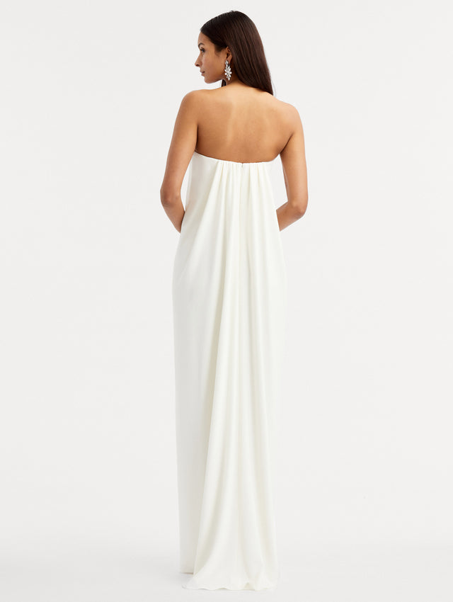 White Strapless Draped Column Gown Back View