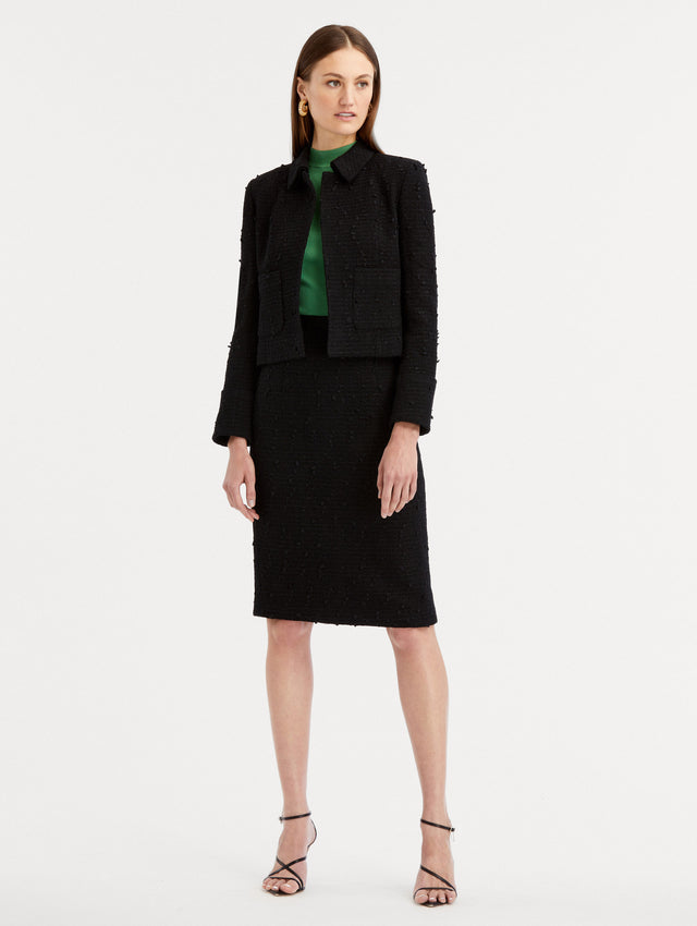 Black Ribbon Tweed Pencil Skirt Paired with Green Top and Matching Jacket Front View