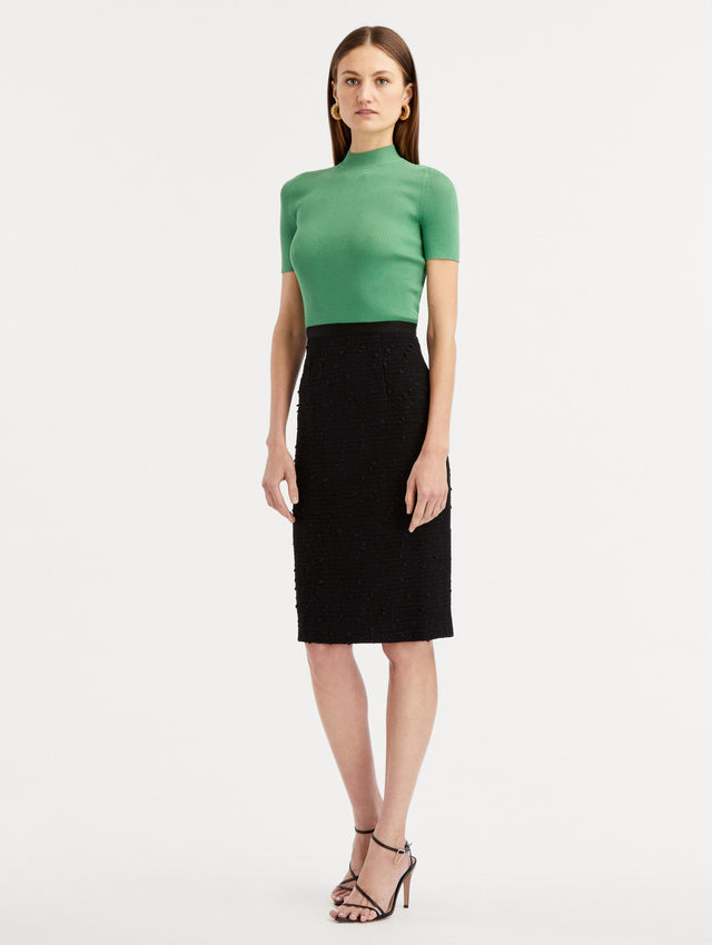 Black Ribbon Tweed Pencil Skirt Paired with Green Top Front View