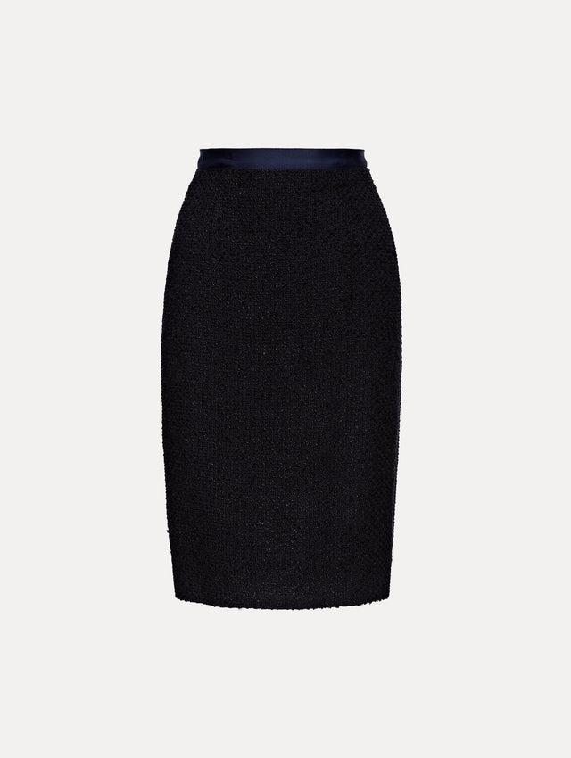 Navy Boucle Tweed Pencil Skirt Front View