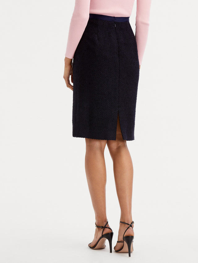 Navy Boucle Tweed Pencil Skirt paired with Pink top Back View