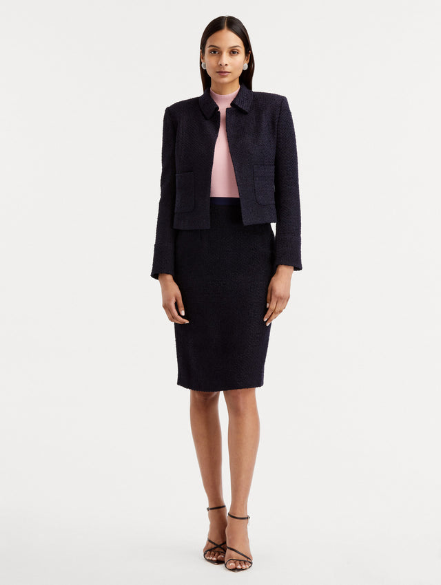 Navy Boucle Tweed Pencil Skirt paired with Pink top and Matching Jacket Front View