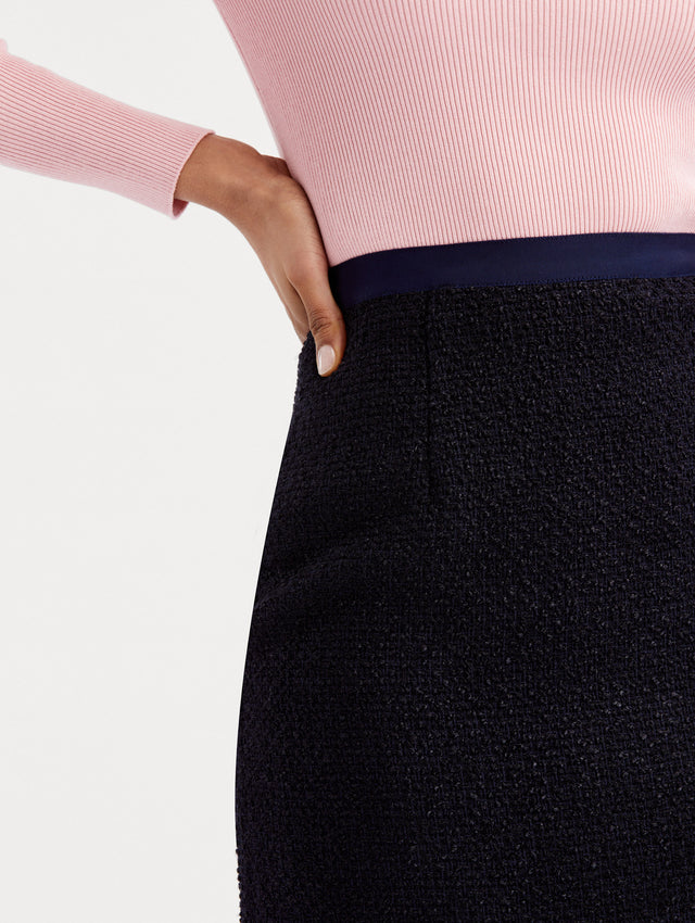 Navy Boucle Tweed Pencil Skirt paired with Pink top Zoom View