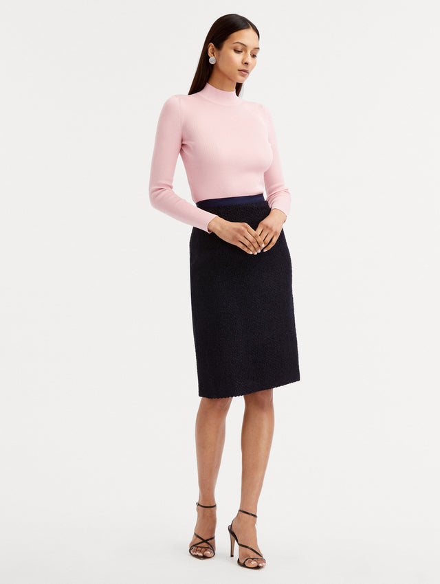 Navy Boucle Tweed Pencil Skirt paired with Pink top Front View
