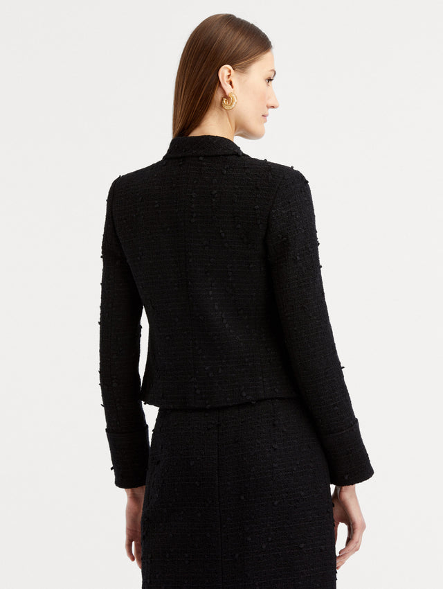 Black Boucle Tweed Jacket paired with Black Tweed Skirt Back View