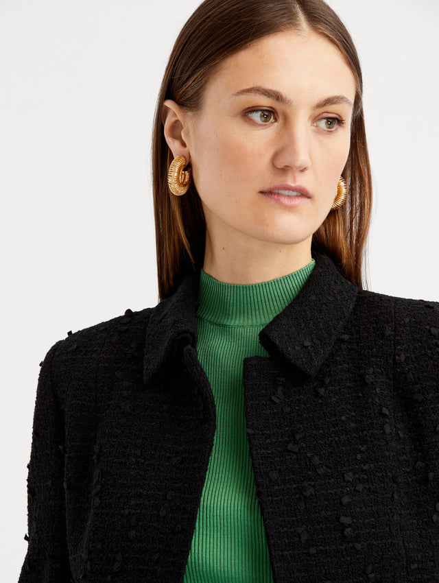 Black Boucle Tweed Jacket Styled with Green Top Under Zoom View