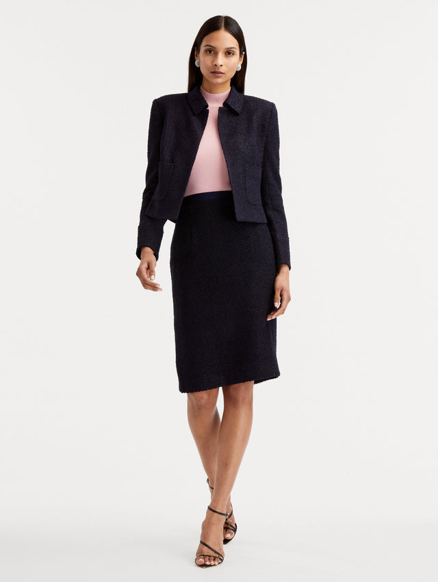 Navy Boucle Tweed Jacket styled with Navy Tweed Skirt and Pink Top Front View