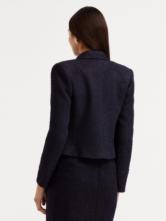 Navy Boucle Tweed Jacket styled with Navy Tweed Skirt Back View