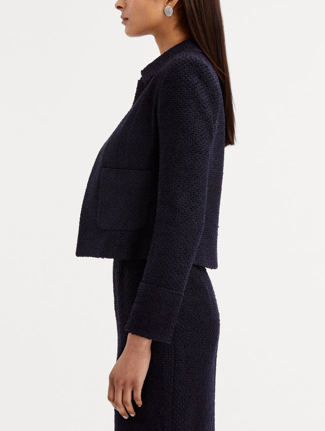 Navy Boucle Tweed Jacket styled with Navy Tweed Skirt Side View