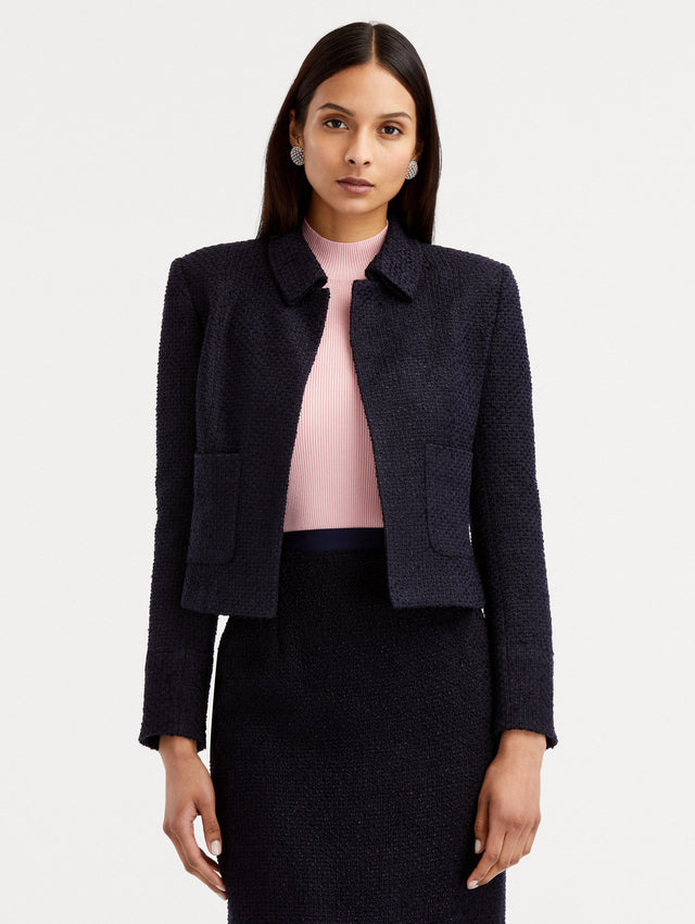 Navy Boucle Tweed Jacket styled with Navy Tweed Skirt and Pink top Under Front View