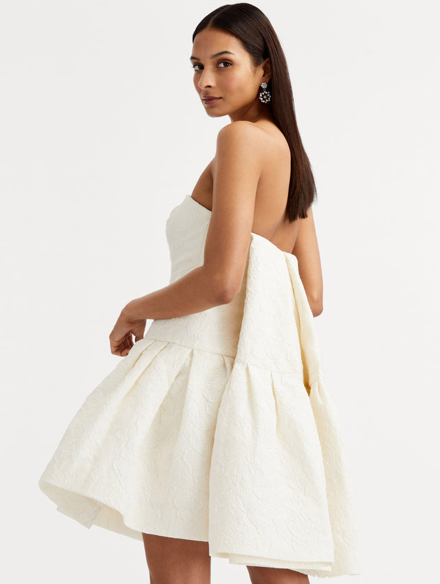 White Textured Floral Cloqué Cape-Back Strapless Mini Dress Zoom View