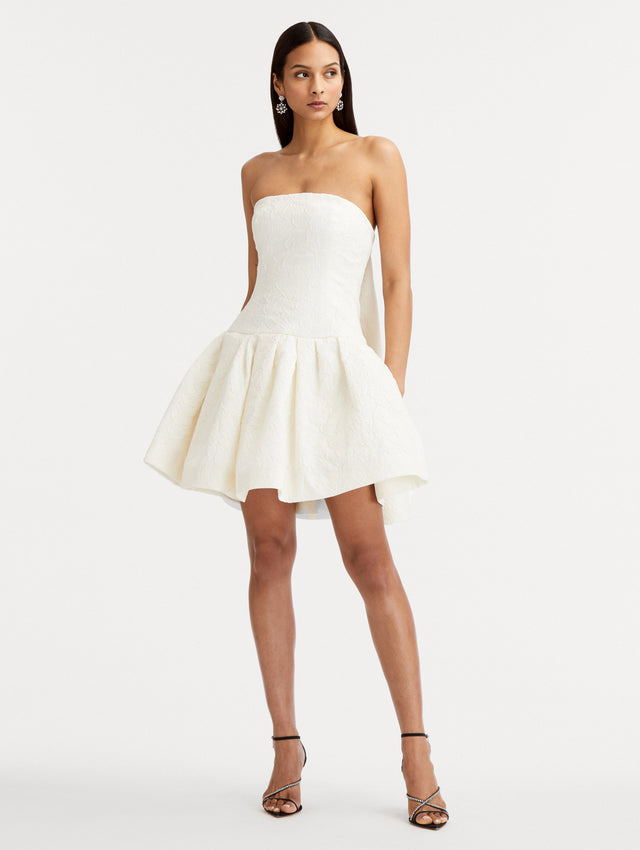 White Textured Floral Cloqué Cape-Back Strapless Mini Dress Front View