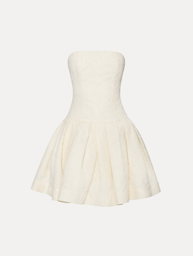 White Textured Floral Cloqué Cape-Back Strapless Mini Dress Front View