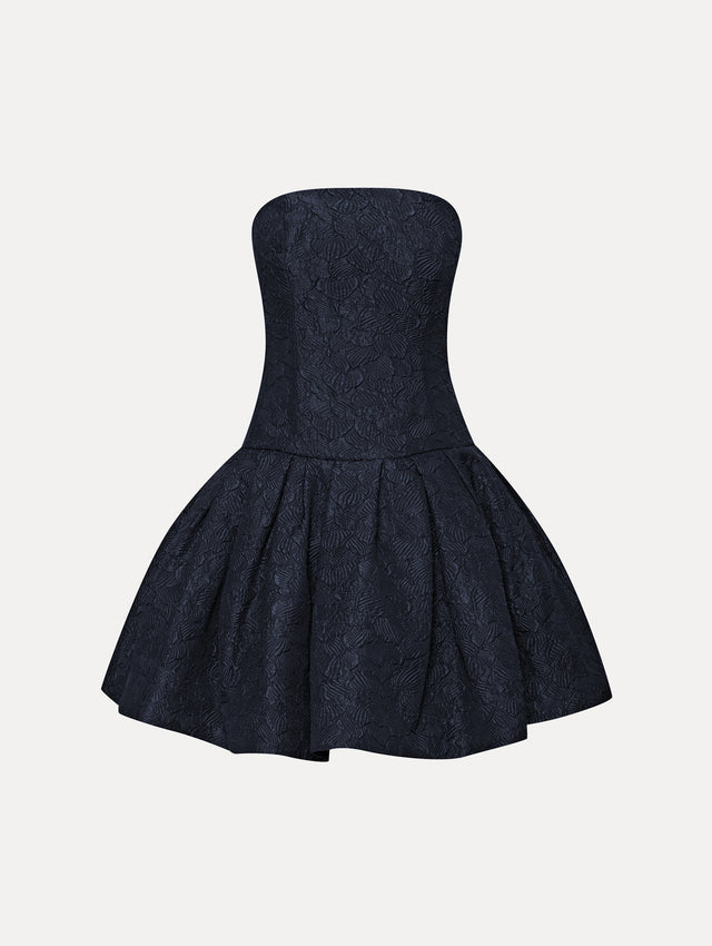Navy Textured Floral Cloqué Cape-Back Strapless Mini Dress Front View