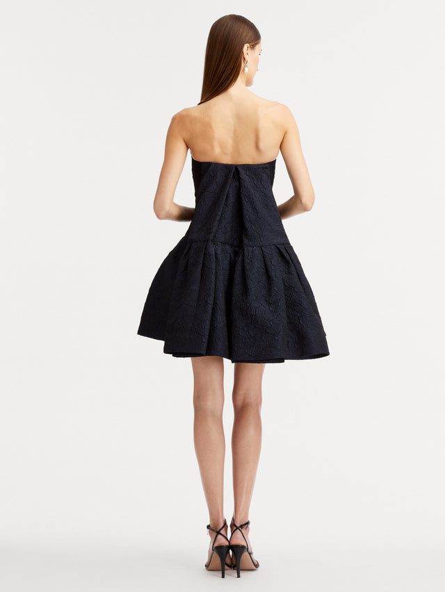 Navy Textured Floral Cloqué Cape-Back Mini Dress Back View