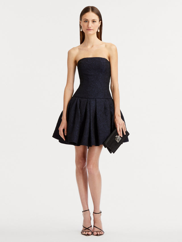 Navy Textured Floral Cloqué Cape-Back Strapless Mini Dress Front View