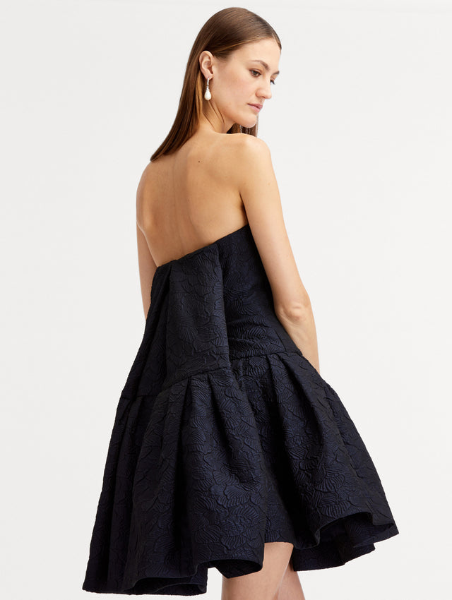 Navy Textured Floral Cloqué Cape-Back Strapless Mini Dress Side View