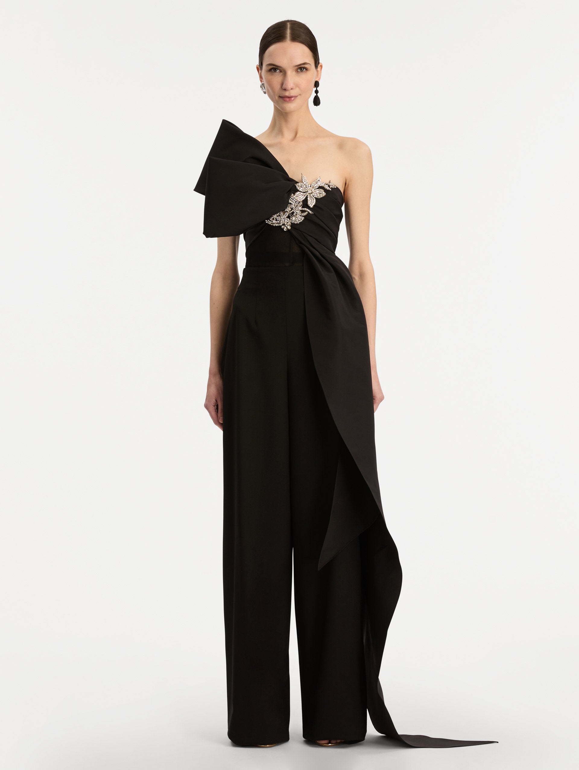 Black Crystal Embroidered Bow-Detailed Blouse with oversized bow detail and crystal floral embellishment. Front View.