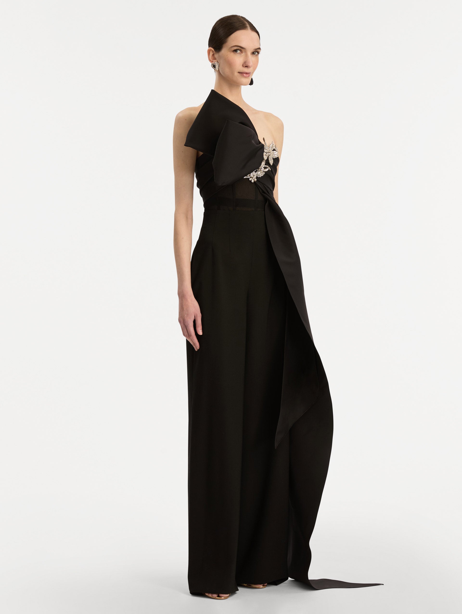 Black Crystal Embroidered Bow-Detailed Blouse with oversized bow detail and crystal floral embellishment. Side View.