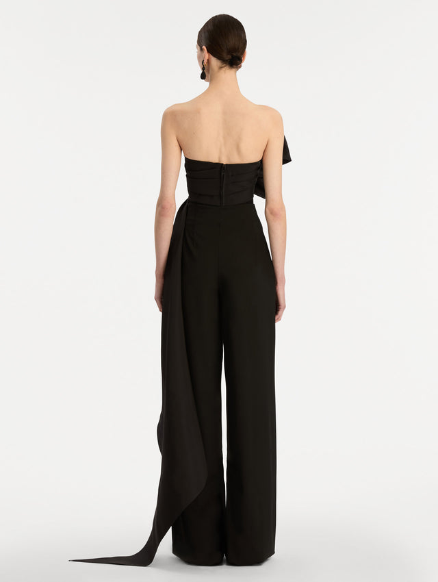 Black Crystal Embroidered Bow-Detailed Blouse with oversized bow detail and crystal floral embellishment. Back View.