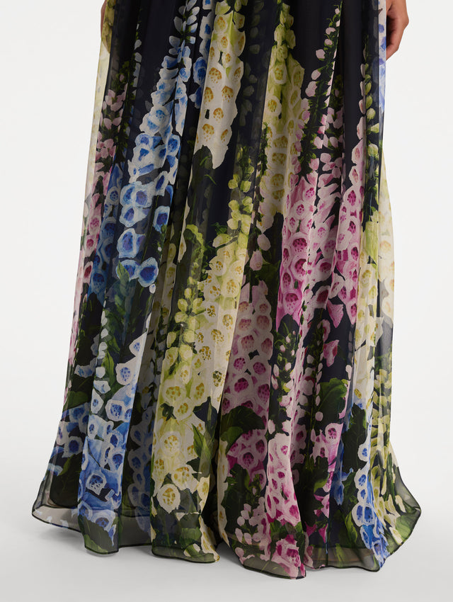 Black and Floral Degradé Foxglove Chiffon Gown with printed floral pattern and a strapless neckline. Zoom View.