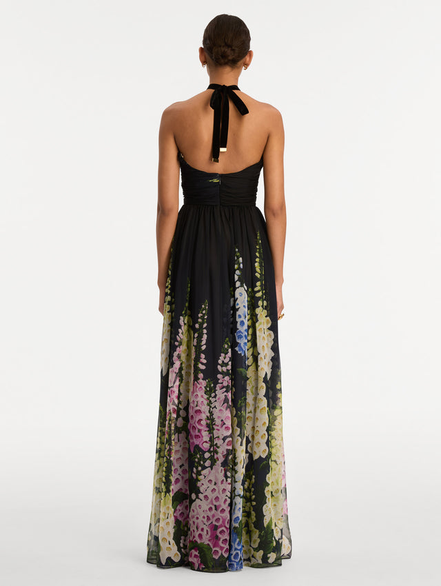 Black and Floral Degradé Foxglove Chiffon Gown with printed floral pattern and a strapless neckline. Back View.