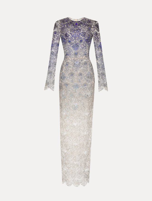 Blue to White Ombre Crystal Embroidered Long sleeve Gown Front View