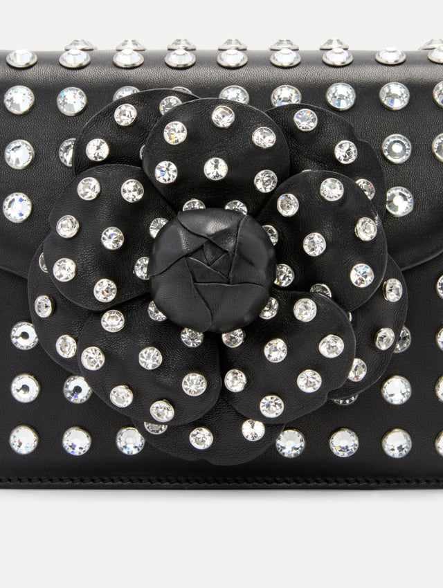 Crystal Stud Black Mini TRO Bag with Floral Applique at the Clasp Zoom View