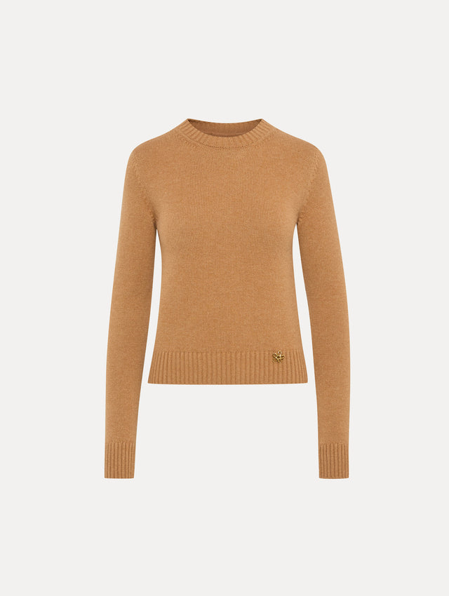Camel Cashmere Pullover with Gold O Flower Detail in the Bottom Right Front View